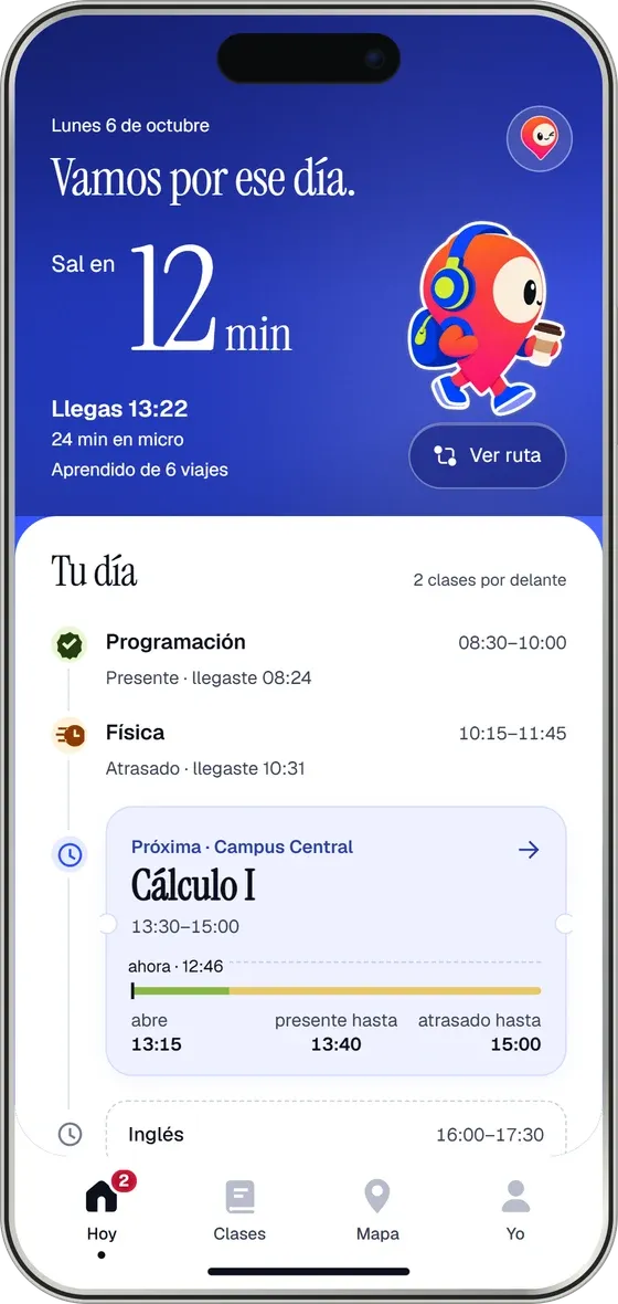 Pantalla Hoy: cuenta regresiva para salir y la próxima clase del día.