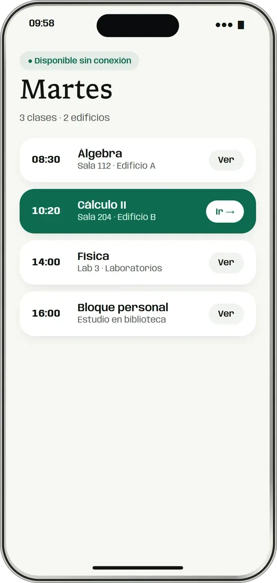 Horario del día con las clases y sus salas, disponible sin conexión.